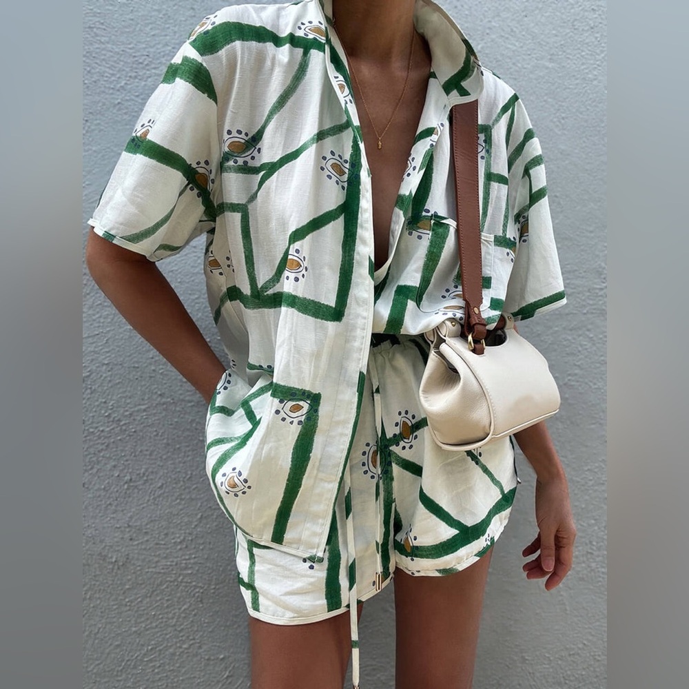 Commense Green and White Patterned Blouse